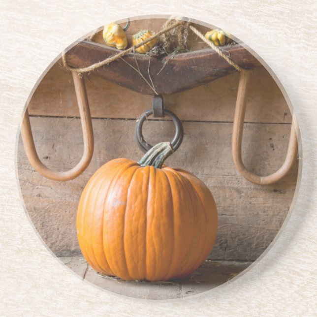Farmers Museum. Pumpkin in barn with bale of hay Coaster (Front)
