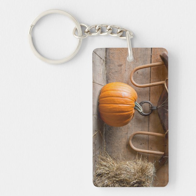 Farmers Museum. Pumpkin in barn with bale of hay Key Ring (Front)