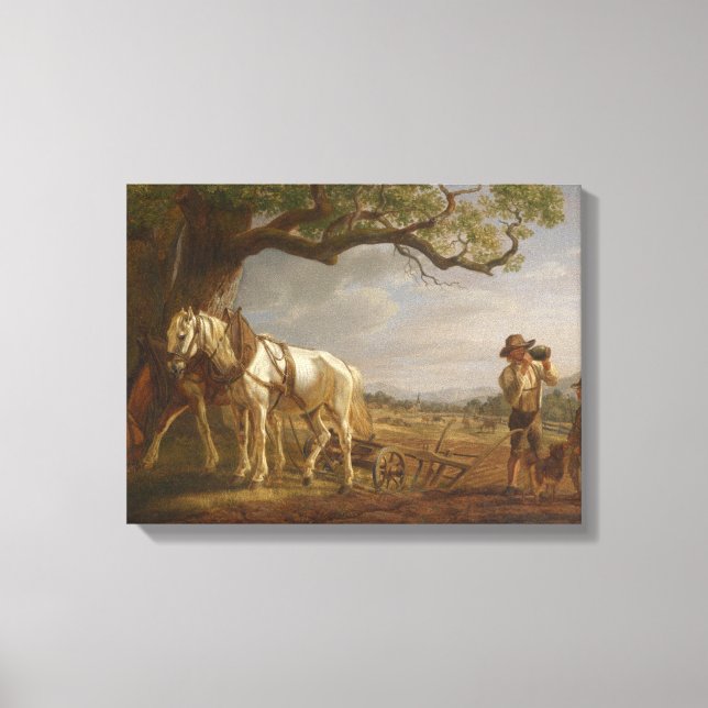 Farmers Resting in a Field With Horses and Plough Canvas Print (Front)
