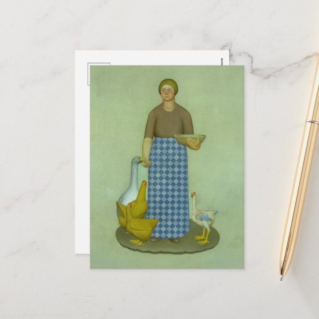 Farmer's Wife with Chickens by Grant Wood Holiday Postcard (Front/Back In Situ)