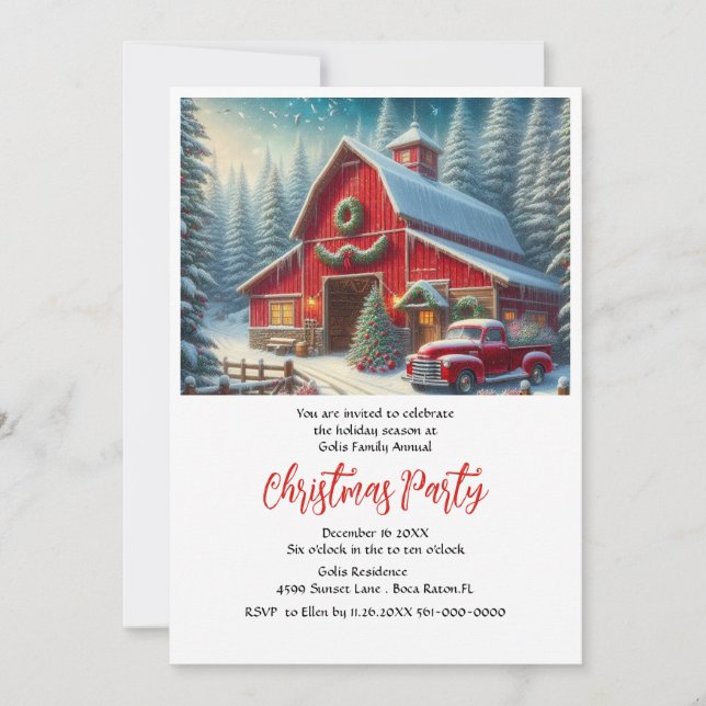Farmhouse and Red Truck Christmas Party  Invitation (Front)