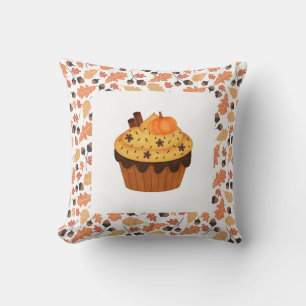 Farmhouse Autumn Cupcake with Fall Orange Leaves Cushion