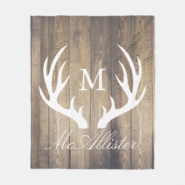 Farmhouse Barn Wood Buck Antlers Family Name Fleece Blanket (Front)