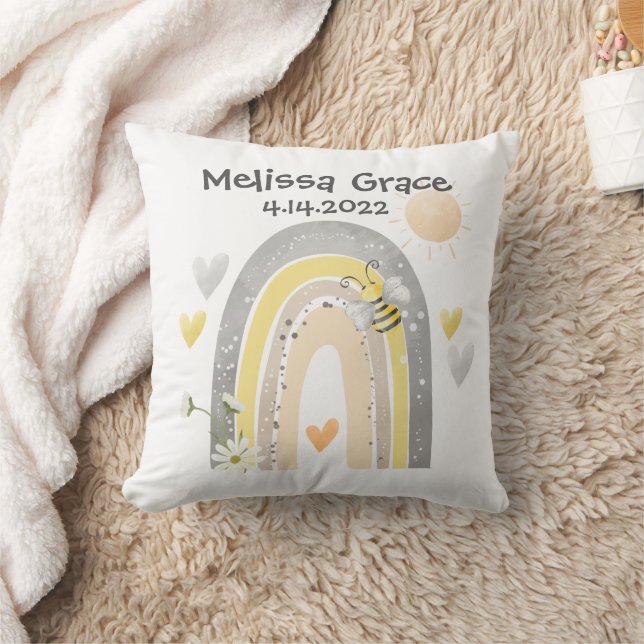 Farmhouse Bee with Rainbow Birth Announcement Cushion (Blanket)