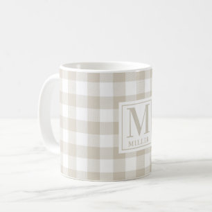 Farmhouse Beige Buffalo Check Family Name Monogram Coffee Mug