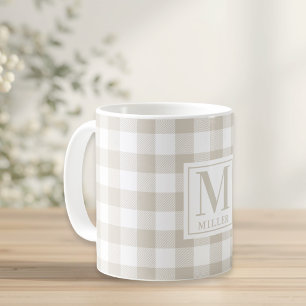 Farmhouse Beige Buffalo Check Family Name Monogram Coffee Mug
