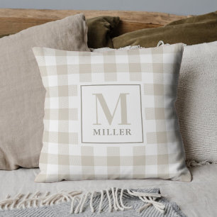 Farmhouse Beige Buffalo Plaid Family Name Monogram Cushion