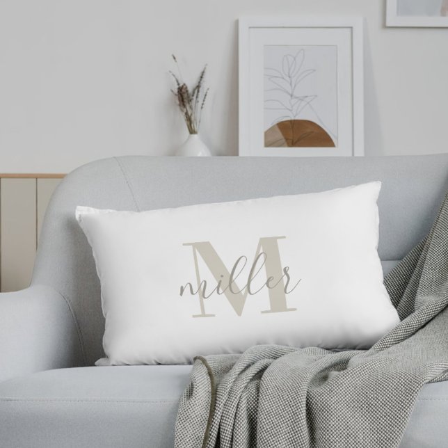 Farmhouse Beige Buffalo Plaid Family Name Monogram Lumbar Cushion (Creator Uploaded)