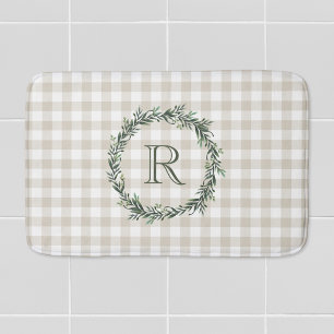 Farmhouse Beige Buffalo Plaid Wreath Initial Bath Mat