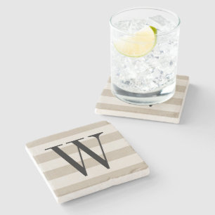 Farmhouse Beige Linen Stripes Monogram Stone Coaster