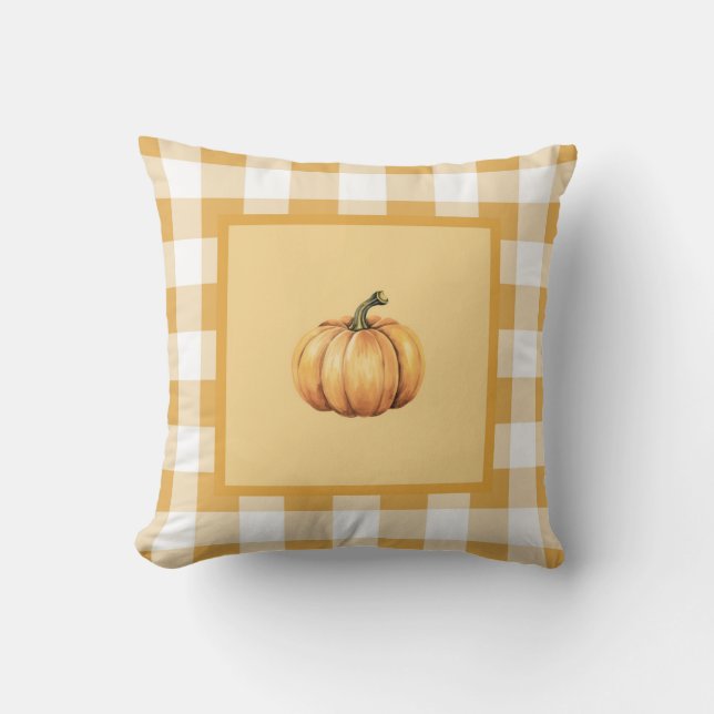 Farmhouse Beige Plaid Pumpkin Fall Decor Cushion (Front)