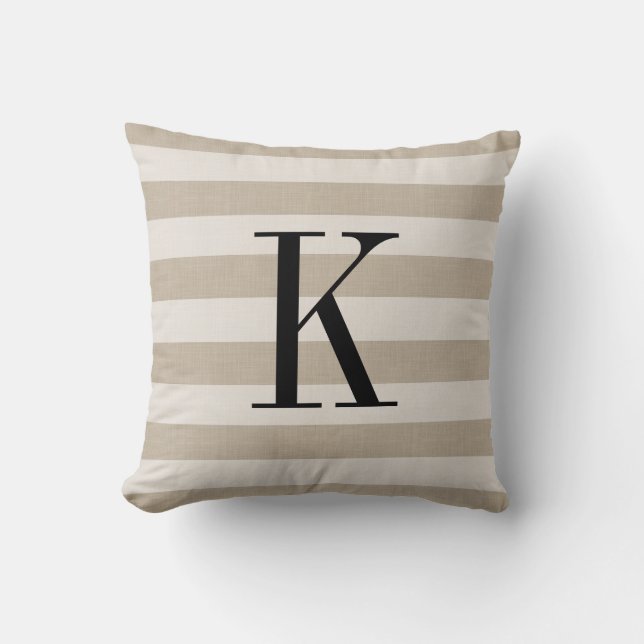 Farmhouse Beige Stripes Monogram Pillow (Front)