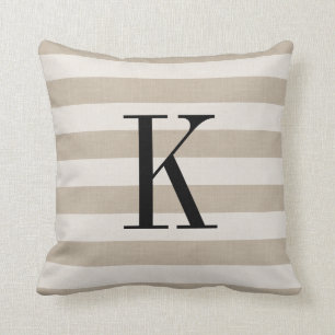 Farmhouse Beige Stripes Monogram Pillow