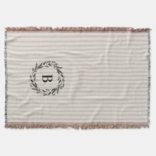 Farmhouse Beige Ticking Stripes Monogram Throw Blanket (Front)