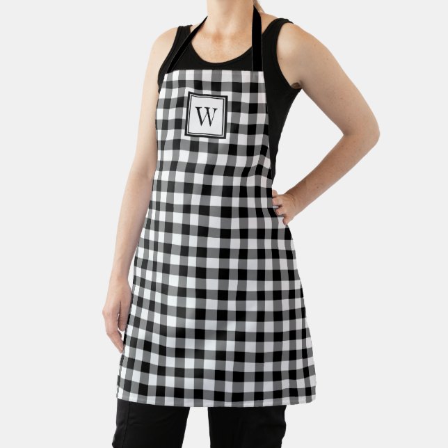 Farmhouse Black And White Plaid Monogram Apron (Insitu)