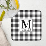 Farmhouse Black Buffalo Check Family Name Monogram Square Paper Coaster<br><div class="desc">Custom-designed monogram paper coasters featuring personalised monogram and family name on a black and white buffalo check/plaid/gingham check pattern.</div>