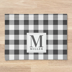 Farmhouse Black Buffalo Check Family Name Monogram Tea Towel