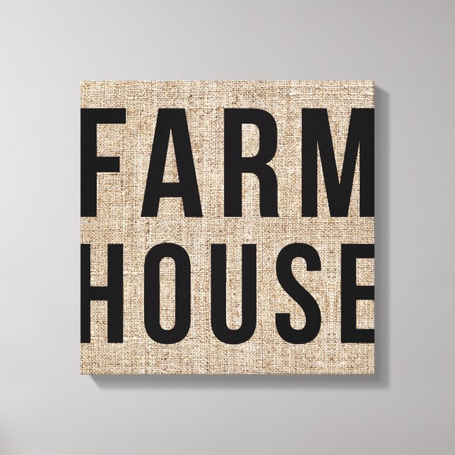 FARMHOUSE Black Lettering Rustic Burlap Sacking Canvas Print (Front)
