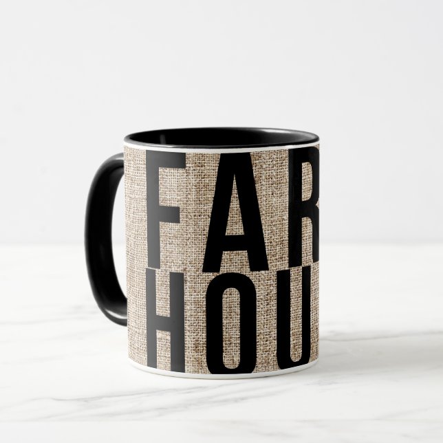 FARMHOUSE Black Lettering Rustic Burlap Sacking Mug (Front Left)