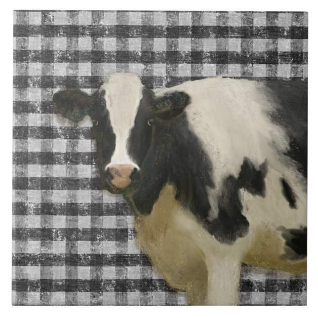 Farmhouse Black n White Cow Rustic Country Kitchen Tile (Front)