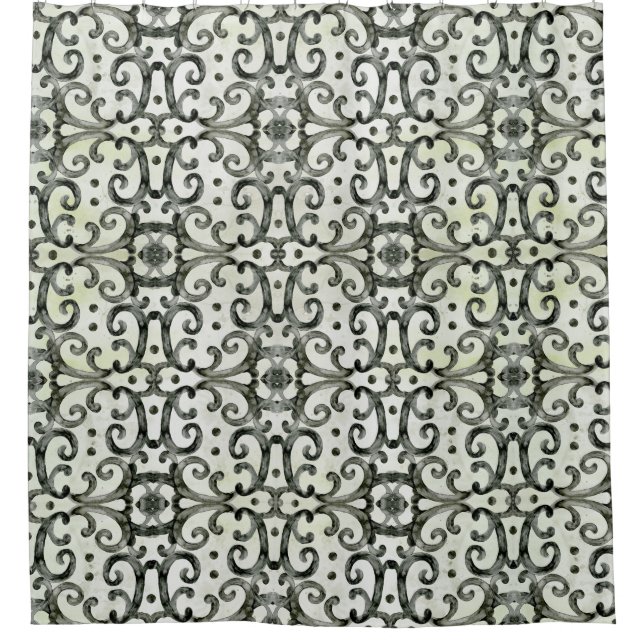 Farmhouse Black n White Scroll Watercolor Pattern  Shower Curtain (Front)