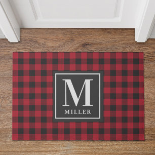 Farmhouse Black Red Buffalo Plaid Custom Monogram Doormat