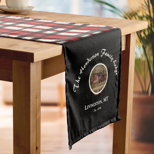 Farmhouse Black Red Buffalo Plaid Custom Photo Long Table Runner (Creator Uploaded)