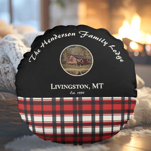 Farmhouse Black Red Buffalo Plaid Custom Photo Round Cushion