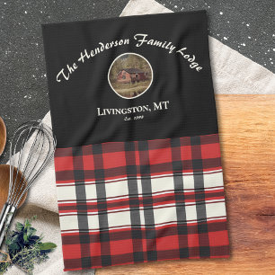 Farmhouse Black Red Buffalo Plaid Custom Photo Tea Towel