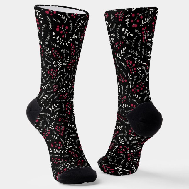 Farmhouse black red white rustic foliage pattern socks (Angled)
