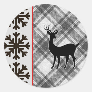 Farmhouse Black White Buffalo Plaid Deer Snowflake Classic Round Sticker