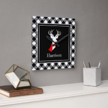 Farmhouse Black White Plaid Chic Deer Personalised