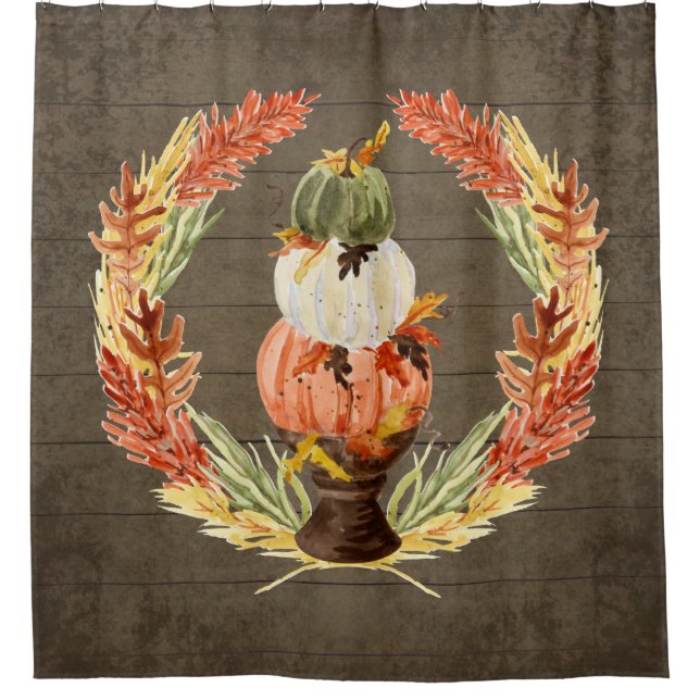 Farmhouse Blessing Rustic Wood Pumpkin Leaf Wreath Shower Curtain (Front)