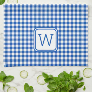 Farmhouse Blue and White Gingham Plaid Monogram Tea Towel