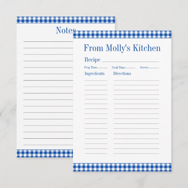 Farmhouse Blue and White Gingham Plaid Recipe Card (Front/Back)