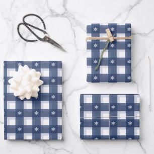 Farmhouse blue and white snowflakes gingham plaid wrapping paper sheet