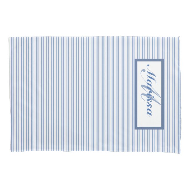 Farmhouse Blue and White Striped Ticking Pillowcase (Front)