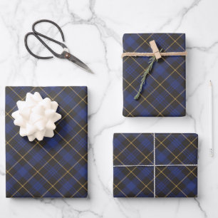 Farmhouse blue black gold diagonal plaid pattern wrapping paper sheet