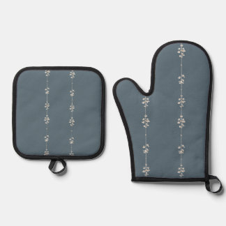 Farmhouse Blue Botanical Kitchen Oven Mitt & Pot Holder Set