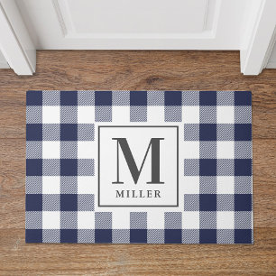 Farmhouse Blue Buffalo Plaid Family Name Monogram Doormat