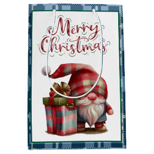 Farmhouse Blue Buffalo Plaid Watercolor Red Gnome Medium Gift Bag