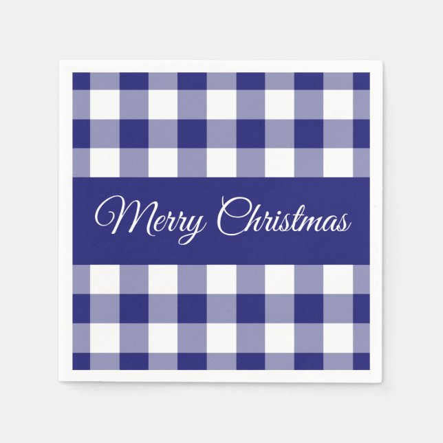 Farmhouse Blue Checks Merry Christmas  Napkin (Front)
