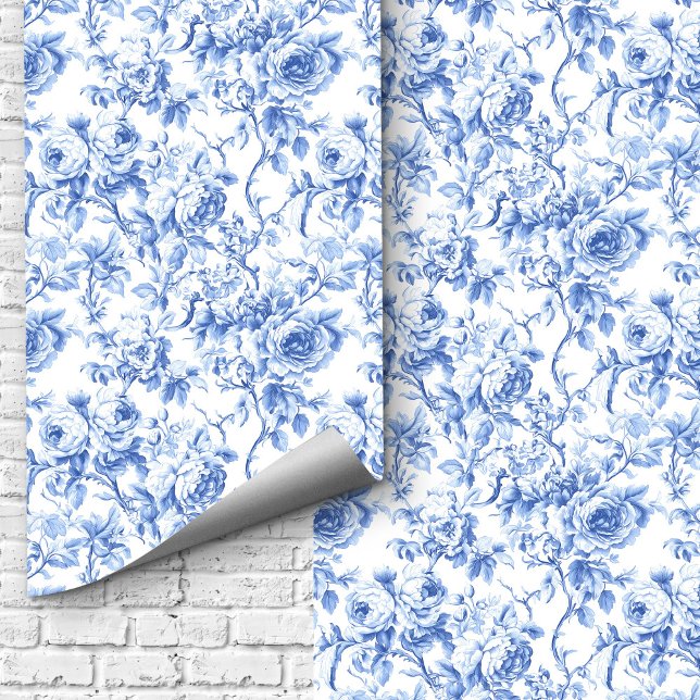 Farmhouse Blue French Toile Roses Floral Wallpaper (Farmhouse Blue French Toile Roses Floral Wallpaper Design)