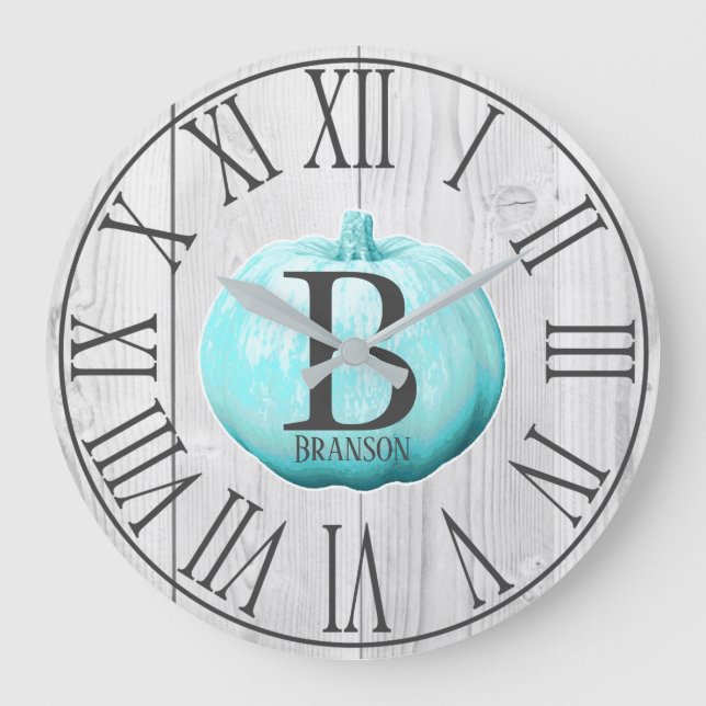 Farmhouse Blue Pumpkin & White Wood | Personalised Large Clock (Front)