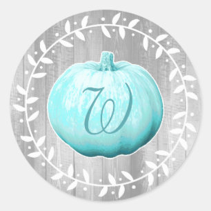 Farmhouse Blue Pumpkin & Wreath   Monogram Classic Round Sticker
