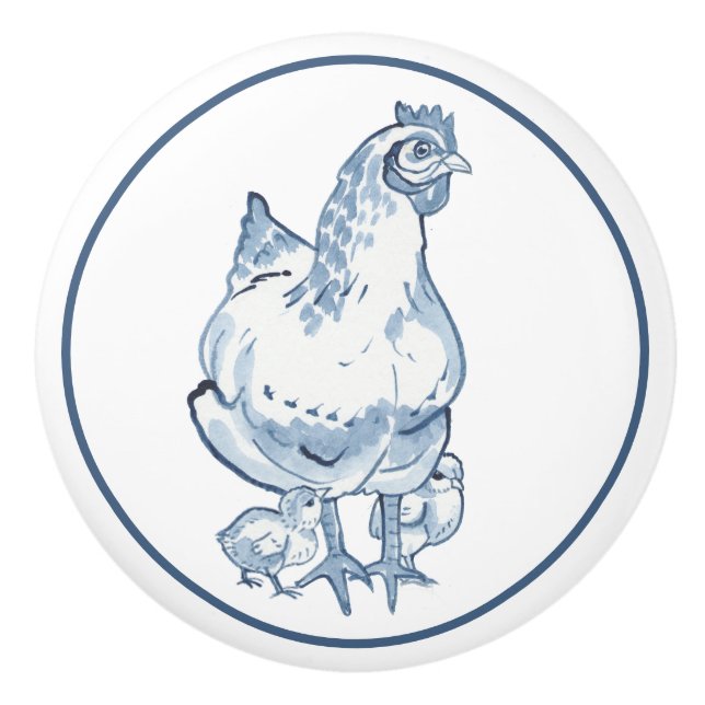 Farmhouse Blue & White Chicken Hen Chicks Delft Ceramic Knob (Front)