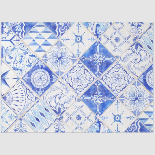 Farmhouse Blue White Diamond Tile Wood Decoupage 2 Tissue Paper (Front)