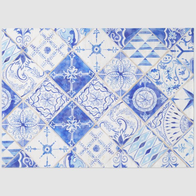 Farmhouse Blue White Diamond Tile Wood Decoupage Tissue Paper (Front)
