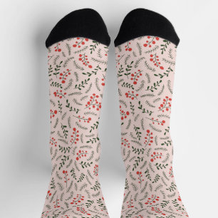 Farmhouse blush pink dark green foliage pattern socks