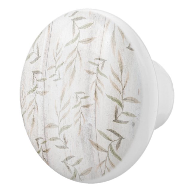 Farmhouse Botanical White Wood Blush Rustic Leaves Ceramic Knob (Right)